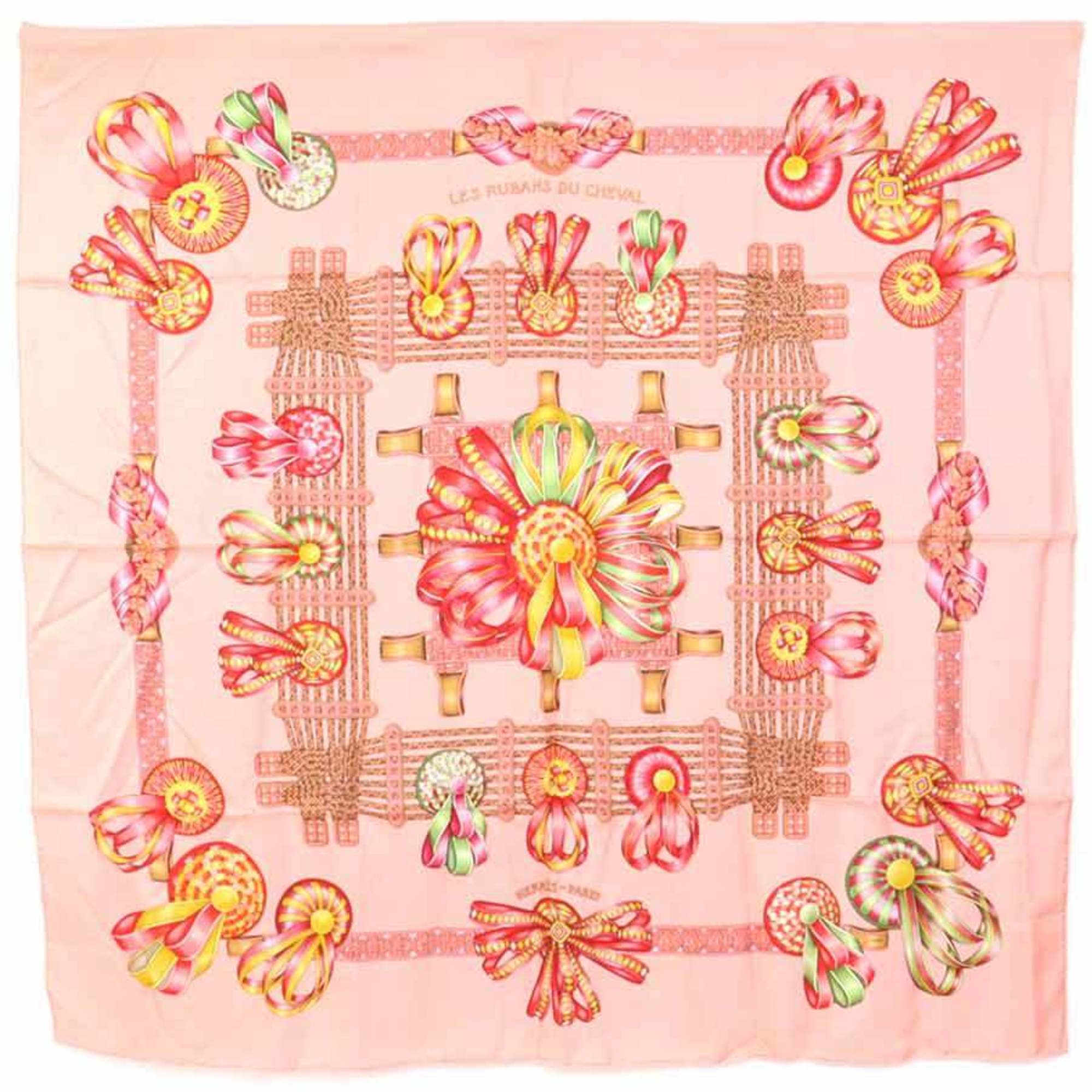 Hermes Scarf Carre 90 Les Rubans Du Cheval Silk Pink/Multicolor Women's